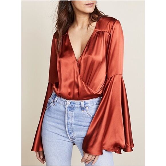 CAROLINE CONSTAS |  Charmeuse Silk Bell Sleeve Bodysuit Rust Orange Extra Small - Picture 1 of 9